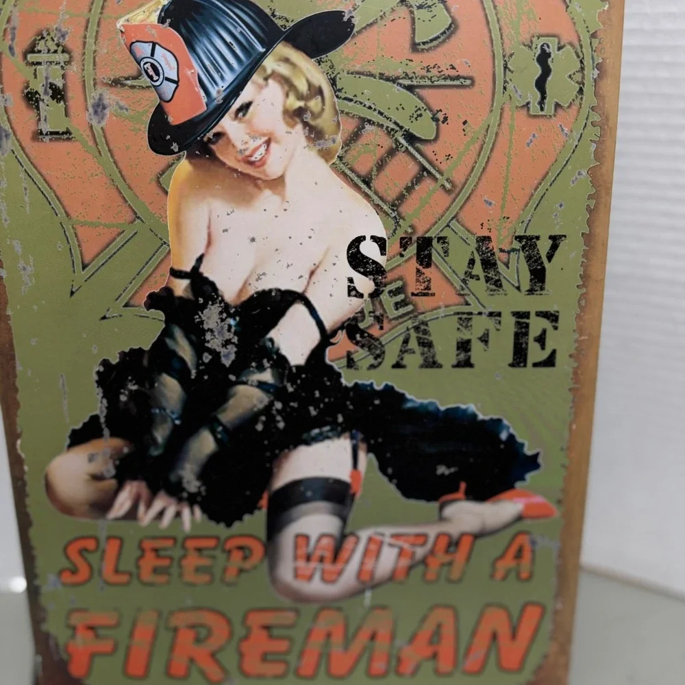 Vintage Style Firefighter Pin Up Girl Metal Sign Sleep With A Fireman 12x17